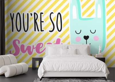 Charming ice cream bunny with hand written inscription You're so sweet. Vector design for greeting card, poster, print on t-shirt. Wall mural