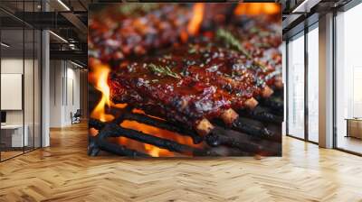 bbq pork ribs cooking on flaming grill Wall mural