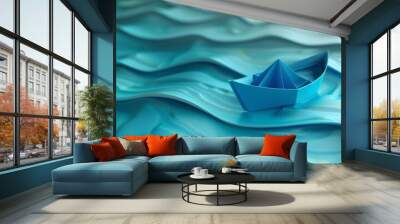 Blue paper boat floats on a paper model sea wave. concept of risk management and strategic navigation Wall mural