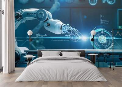 A modern robotic hand is placed on a table in a light black and electronic environment exuding a sense of futuristic technology, artificial intelligence, industry technology concept Wall mural