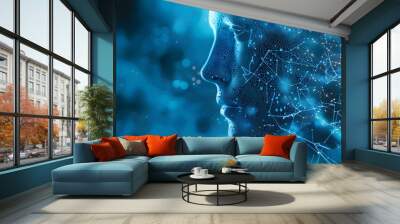 Artificial Intelligence. image showcases an abstract digital human head profile with a futuristic concept of artificial intelligence. A neural network is depicted through glowing blue connections Wall mural