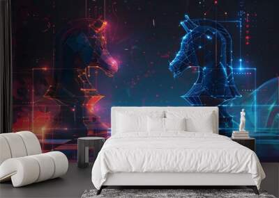 Artificial Intelligence. two AI powered chess computer, blue and red, face off on a digital chessboard with a futuristic design The board is illuminated with neon lights and holographic effects Wall mural