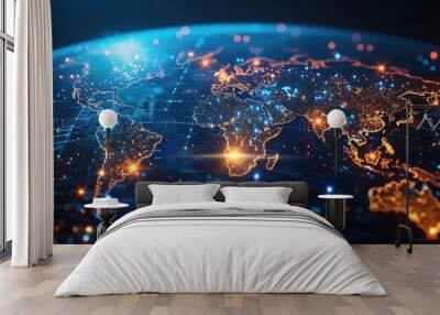 Globalization. virtual global world map with media link connecting technology, digital, internet, network security system, networking tech, cybersecurity, business, cyber network connection concept Wall mural