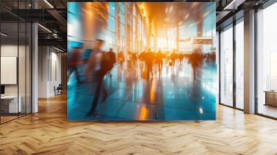 Goal. abstract motion blur image of business people crowd walking at corporate office building in city downtown, airport passenger building, blurred background, business center concept Wall mural