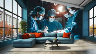 group of surgeons intensely focused on performing a procedure in an operating room at hospital, emergency case, surgery, medical technology, health care cancer and disease treatment concept Wall mural