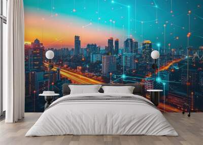 Smart City. global media link connecting on night city background, digital, internet, 5G communication, networking, smart city, business, partnership, network connection and technology concept Wall mural