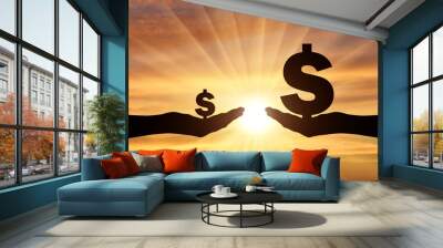 Silhouette of two hands, in one hand a large symbol of Dollar. In the second hand is a small symbol of the dollar Wall mural