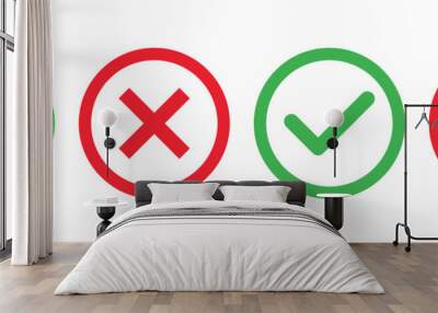 Checkmark x mark icon. Green checkmark and red x sign. Correct error vector symbol isolated on white background. Vote checkmark in circle and square box. Wall mural