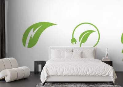 Green energy icon. Renewable eco power logo vector set. Green natural electricity. Leaf nature energy. Wall mural