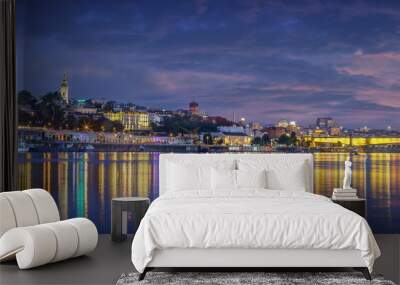 Belgrade, Serbia landmarks and symbols, Sava river, Cathedral, St. Sava Temple, Belgrade Lady Building, Old City, Branco’s Bridge, by night with city lights and water reflections Wall mural