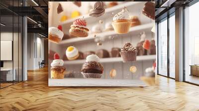 A 3D bakery menu board with floating dessert icons, symbolizing a variety of sweet offerings Wall mural