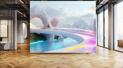 A futuristic bridge with transparent pathways and neon railings, spanning a glowing river Wall mural