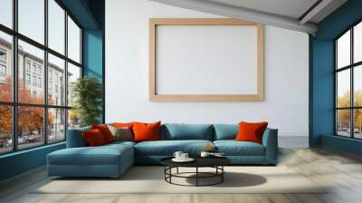 A minimalist-style photo featuring a large, thick wood picture frame on a white wall, crafted from light-colored wood with a simple rectangular shape, elegant and modern, clean and spacious Wall mural