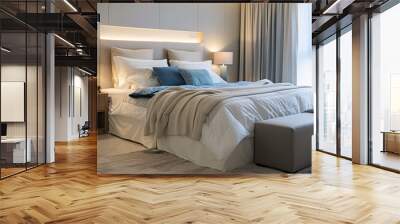 Contemporary bedroom interior with a clean and organized look, showcasing stylish furniture and soft lighting. With copy space for text Wall mural