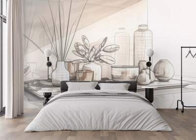 Detailed 3D shading drawing of contemporary home decor styled on a sleek surface Wall mural