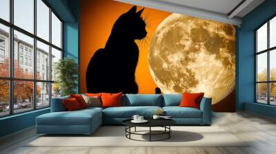 Silhouette of a black cat sitting in front of a full moon, ultra-sharp focus, solid orange background Wall mural