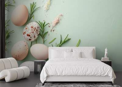 Soft-colored background with chicken eggs and natural elements, capturing the essence of nature Wall mural