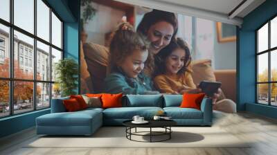 Happy multiethnic family having fun with digital device at home. Family gadget technology concept, Generative AI Wall mural