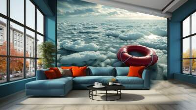 life buoy rescue ring in the middle of the frozen iced ocean for rescue and help sos or climate change concepts as wide banner with copyspace area, Generative AI Wall mural