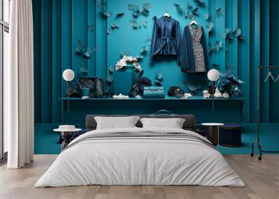 Elegant Display of Fashionable Blue Clothing and Accessories in a Stylish Boutique Setting Wall mural