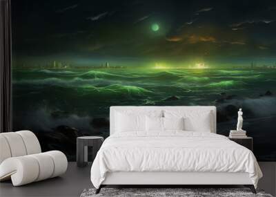 Oceanic Night Symphony: A captivating landscape blending waves, clouds, and the night sky, creating a serene and abstract masterpiece of nature's beauty Wall mural