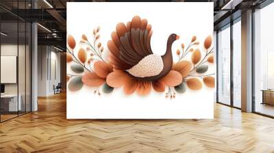 A beautiful illustration of a turkey with autumn leaves, perfect for seasonal decorations and Thanksgiving themes. Wall mural