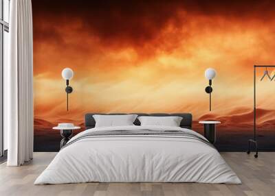 A dramatic sunset sky featuring vibrant orange and dark clouds, creating a striking natural landscape. Wall mural