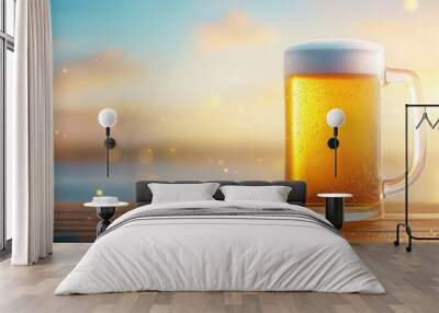 A refreshing glass of beer illuminated by a warm sunset, perfect for summer relaxation by the beach or backyard. Wall mural