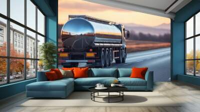 A sleek fuel tanker truck travels along a quiet road during a stunning sunset, reflecting the vibrant colors of the evening sky. Wall mural