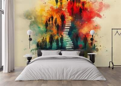 An abstract watercolor painting that symbolically represents people ascending a celestial staircase, surrounded by a vivid splash of colors. Wall mural