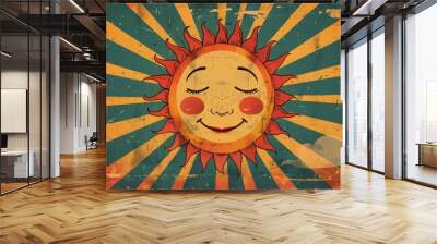 Bright sun clipart with bold rays and a smiling face, emitting a warm and cheerful glow, perfect for children s books or summer event posters Wall mural