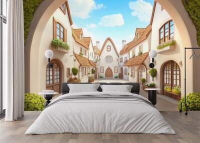 Charming village street with beautiful houses, lush greenery, and a serene blue sky, perfect for peaceful scenes. Wall mural