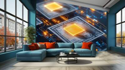 Close-up of glowing microchips on a circuit board, representing modern technology and advanced computer hardware. Wall mural