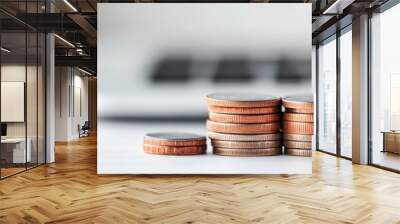 Close-up of stacked coins representing savings and financial growth, with a laptop in the background for a modern business feel. Wall mural