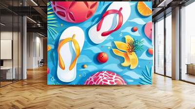 Colorful summer clipart collection including flip flops, beach balls, and sun hats, arranged in a fun pattern for swimwear fabric designs Wall mural