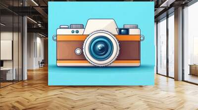 Colorful vintage camera illustration on a bright blue background, perfect for photography and creative projects. Wall mural