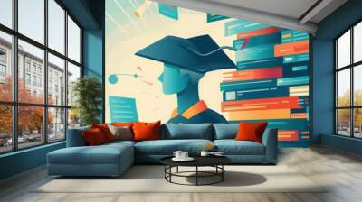 Conceptual illustration of a graduate wearing academic cap with flowing data and books symbolizing education, learning, and knowledge acquisition. Wall mural