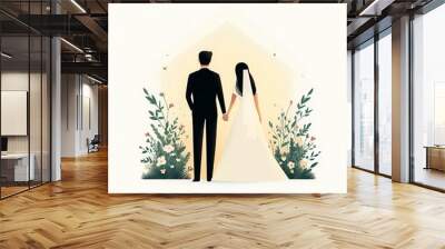 Elegant illustration of a couple holding hands at their wedding ceremony surrounded by flowers and soft light, symbolizing love and commitment. Wall mural