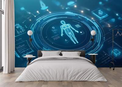 Futuristic digital interface displaying human body hologram with data, representing advanced technology in healthcare and medical analysis. Wall mural