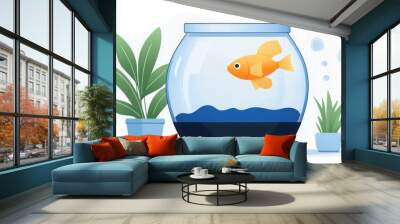 Illustration of a fish bowl with a goldfish, surrounded by plants. Perfect for aquatic-themed designs and projects. Wall mural