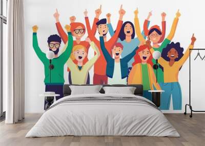 Set of people celebrating win or goal achievement Happy team or group of friends with hands up isolated on white background Concept of victory and success Vector illustration in flat cartoon style Wall mural