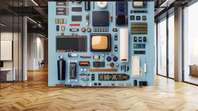 Top view of various vintage electronic components arranged neatly on a blue background, showcasing technology history. Wall mural