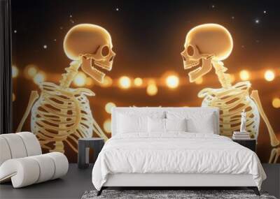 Two cheerful skeletons dance together under glowing lights, creating a whimsical and festive atmosphere perfect for Halloween. Wall mural