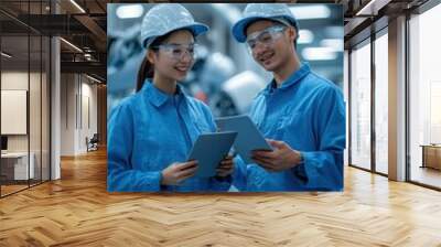 Two factory workers in safety gear discuss project details while using tablets in a modern industrial setting. Wall mural