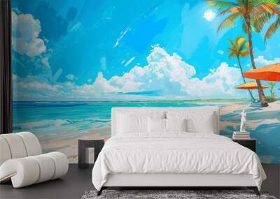 Vibrant summer clipart featuring a sunsoaked beach with palm trees, umbrellas, and a bright blue ocean, perfect for vacation promotions Wall mural