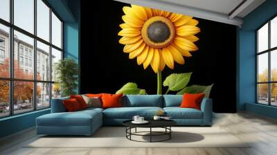 Vibrant yellow sunflower with green leaves on black background, showcasing nature's beauty and elegance in a detailed close-up photograph. Wall mural