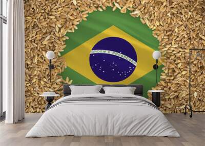 Flag of brazil with grains of wheat. Natural whole wheat concept with flag of brazil Wall mural