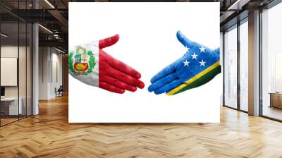 Handshake between Solomon Islands and Peru flags painted on hands, isolated transparent image. Wall mural