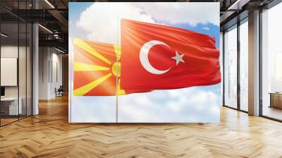 Sunny blue sky and flags of turkey and north macedonia Wall mural