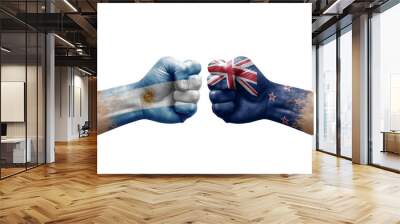 Two hands punch to each others on white background. Country flags painted fists, conflict crisis concept between argentina and new zealand Wall mural